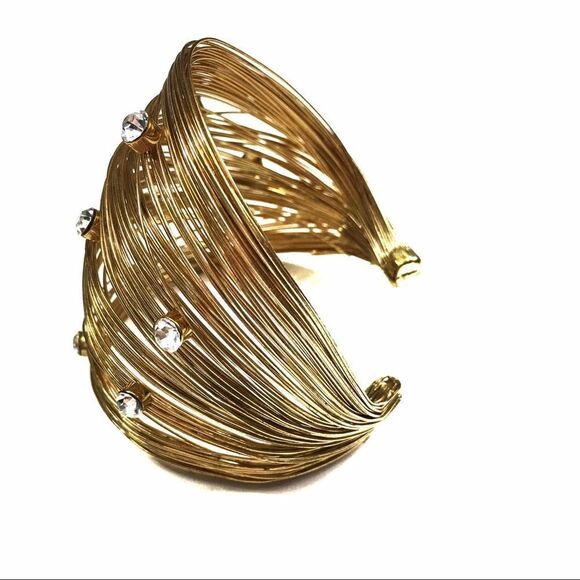 Gold Tone Wire Cuff Bracelet with Rhinestones - Picture 7 of 8